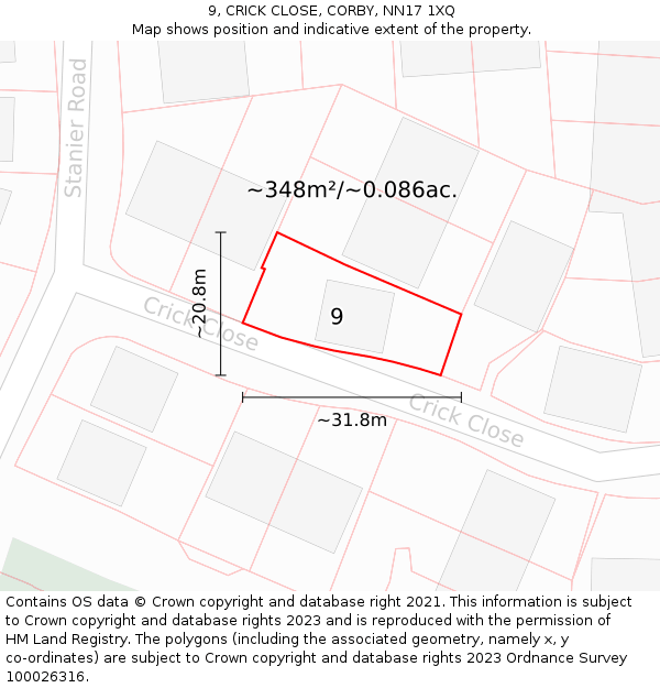 9, CRICK CLOSE, CORBY, NN17 1XQ: Plot and title map