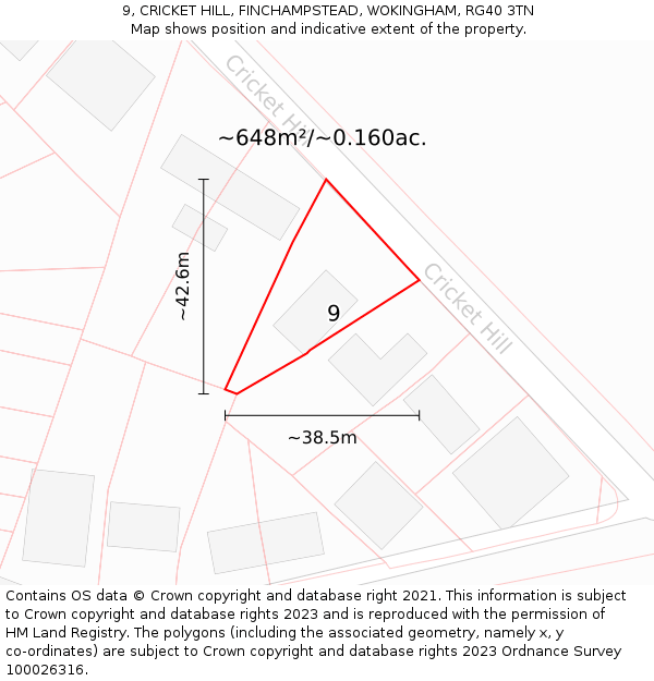 9, CRICKET HILL, FINCHAMPSTEAD, WOKINGHAM, RG40 3TN: Plot and title map