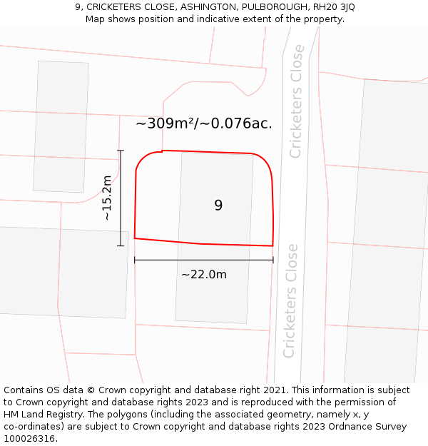 9, CRICKETERS CLOSE, ASHINGTON, PULBOROUGH, RH20 3JQ: Plot and title map