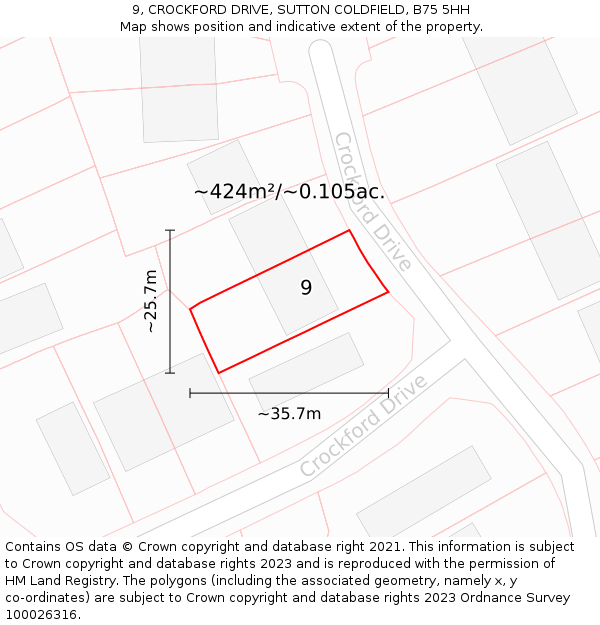9, CROCKFORD DRIVE, SUTTON COLDFIELD, B75 5HH: Plot and title map