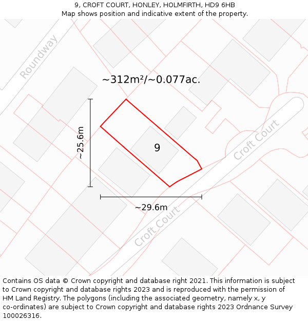 9, CROFT COURT, HONLEY, HOLMFIRTH, HD9 6HB: Plot and title map