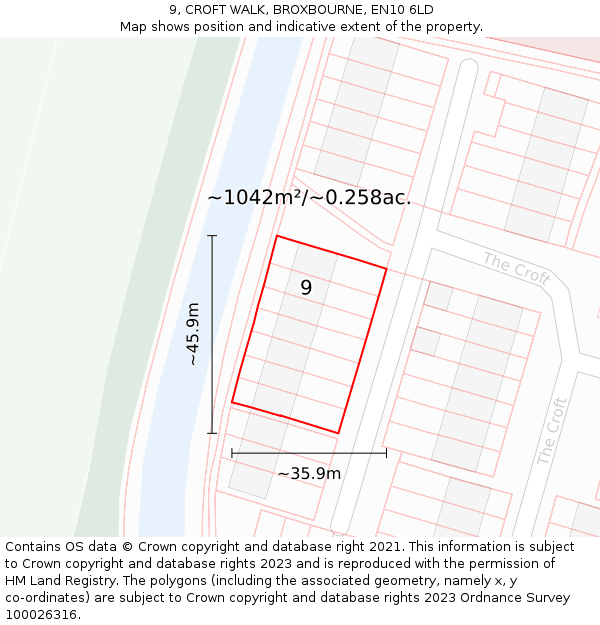 9, CROFT WALK, BROXBOURNE, EN10 6LD: Plot and title map