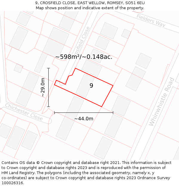 9, CROSFIELD CLOSE, EAST WELLOW, ROMSEY, SO51 6EU: Plot and title map