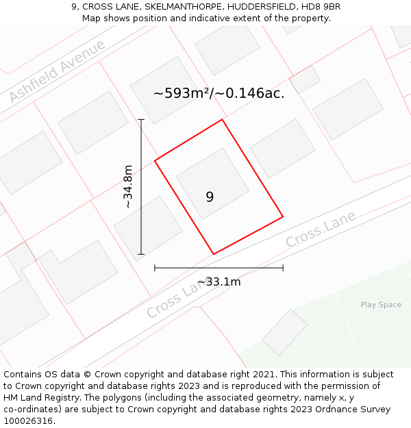 9, CROSS LANE, SKELMANTHORPE, HUDDERSFIELD, HD8 9BR: Plot and title map