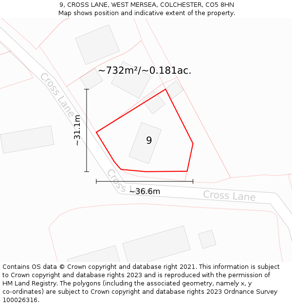 9, CROSS LANE, WEST MERSEA, COLCHESTER, CO5 8HN: Plot and title map