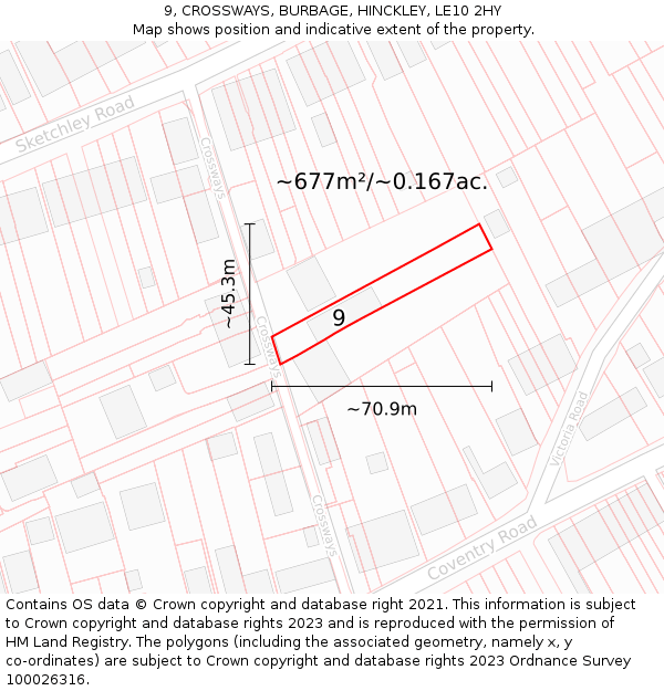 9, CROSSWAYS, BURBAGE, HINCKLEY, LE10 2HY: Plot and title map