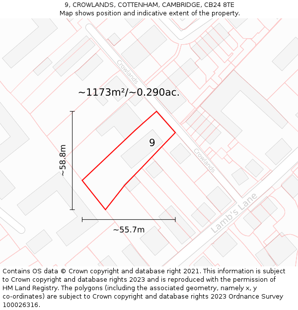 9, CROWLANDS, COTTENHAM, CAMBRIDGE, CB24 8TE: Plot and title map