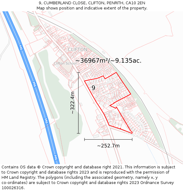 9, CUMBERLAND CLOSE, CLIFTON, PENRITH, CA10 2EN: Plot and title map
