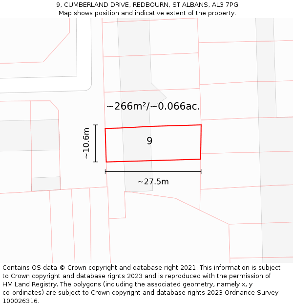 9, CUMBERLAND DRIVE, REDBOURN, ST ALBANS, AL3 7PG: Plot and title map