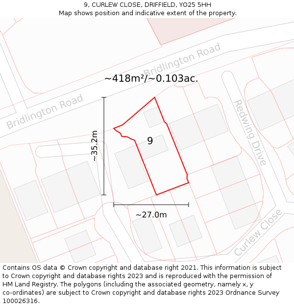 9, CURLEW CLOSE, DRIFFIELD, YO25 5HH: Plot and title map
