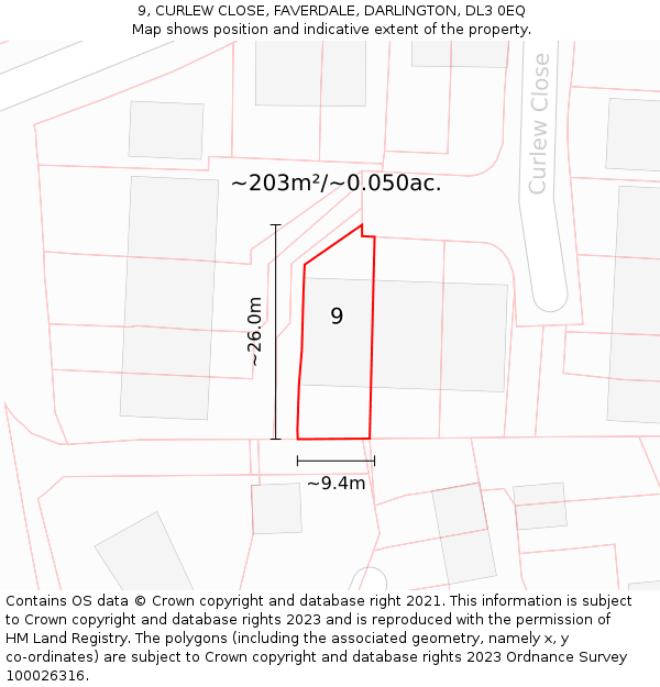 9, CURLEW CLOSE, FAVERDALE, DARLINGTON, DL3 0EQ: Plot and title map
