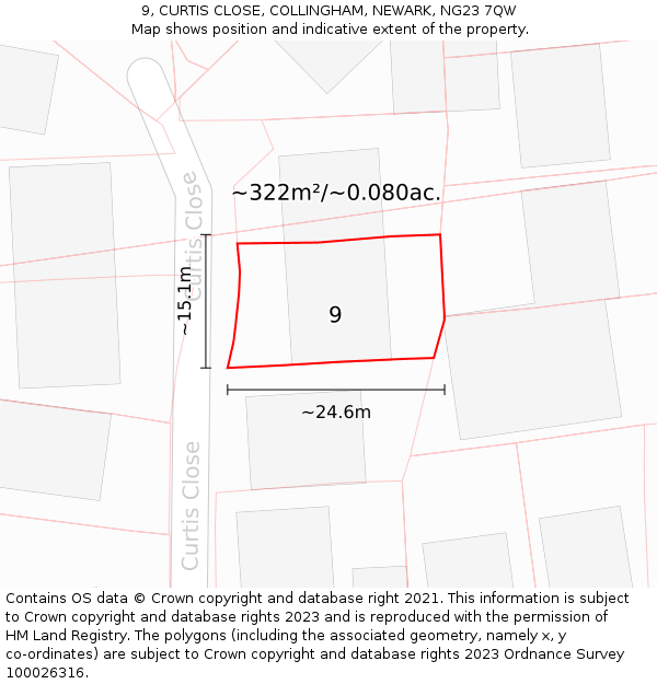9, CURTIS CLOSE, COLLINGHAM, NEWARK, NG23 7QW: Plot and title map