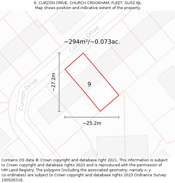 9, CURZON DRIVE, CHURCH CROOKHAM, FLEET, GU52 6JL: Plot and title map