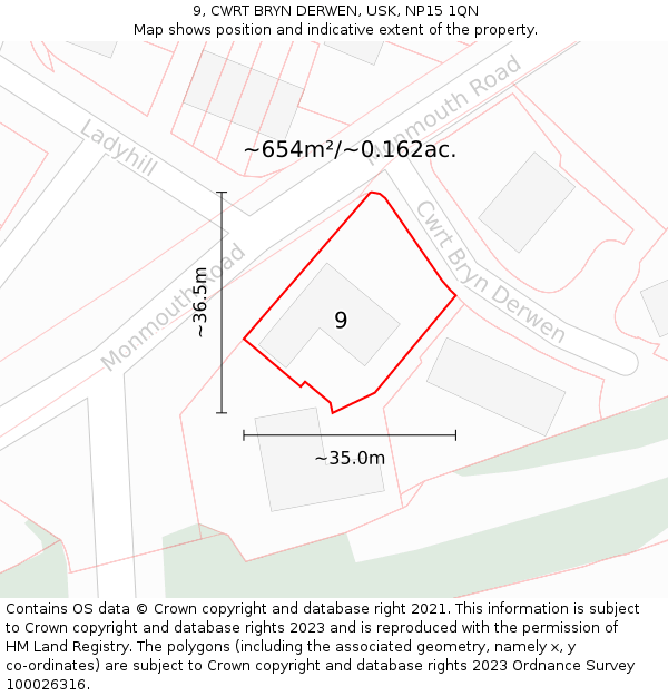 9, CWRT BRYN DERWEN, USK, NP15 1QN: Plot and title map