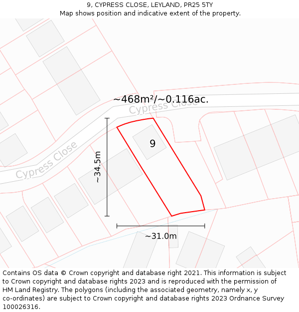 9, CYPRESS CLOSE, LEYLAND, PR25 5TY: Plot and title map
