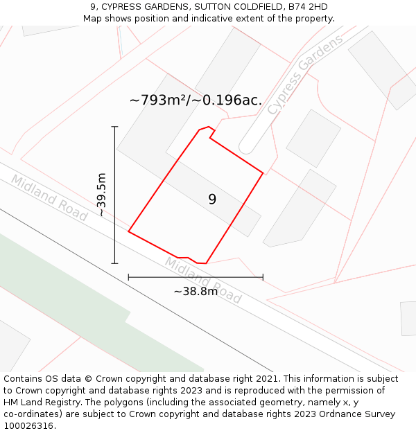 9, CYPRESS GARDENS, SUTTON COLDFIELD, B74 2HD: Plot and title map