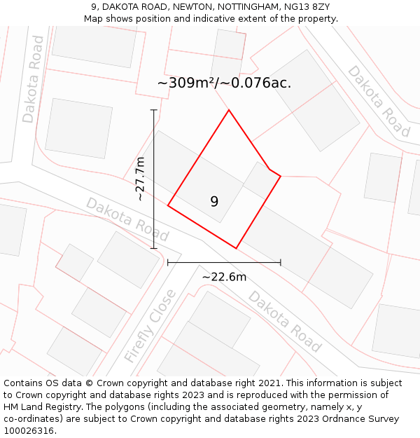 9, DAKOTA ROAD, NEWTON, NOTTINGHAM, NG13 8ZY: Plot and title map