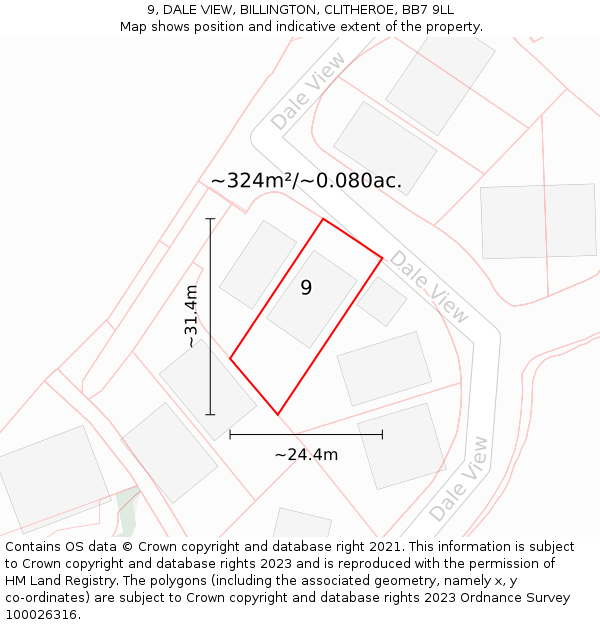 9, DALE VIEW, BILLINGTON, CLITHEROE, BB7 9LL: Plot and title map