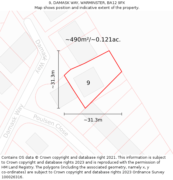 9, DAMASK WAY, WARMINSTER, BA12 9PX: Plot and title map