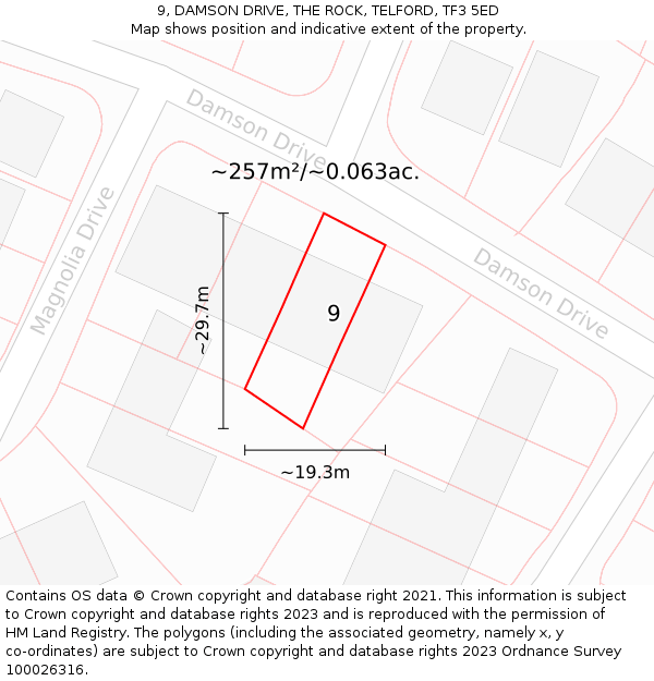 9, DAMSON DRIVE, THE ROCK, TELFORD, TF3 5ED: Plot and title map