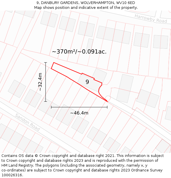 9, DANBURY GARDENS, WOLVERHAMPTON, WV10 6ED: Plot and title map