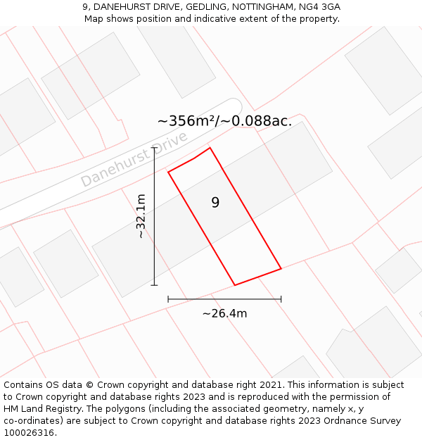 9, DANEHURST DRIVE, GEDLING, NOTTINGHAM, NG4 3GA: Plot and title map