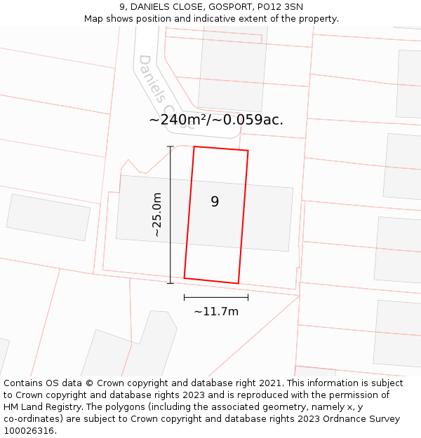 9, DANIELS CLOSE, GOSPORT, PO12 3SN: Plot and title map