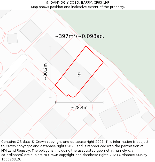 9, DANNOG Y COED, BARRY, CF63 1HF: Plot and title map