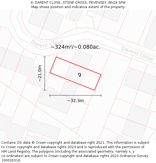 9, DARENT CLOSE, STONE CROSS, PEVENSEY, BN24 5PW: Plot and title map