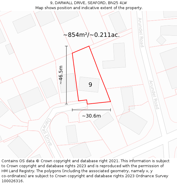 9, DARWALL DRIVE, SEAFORD, BN25 4LW: Plot and title map