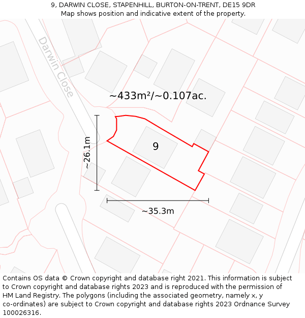 9, DARWIN CLOSE, STAPENHILL, BURTON-ON-TRENT, DE15 9DR: Plot and title map