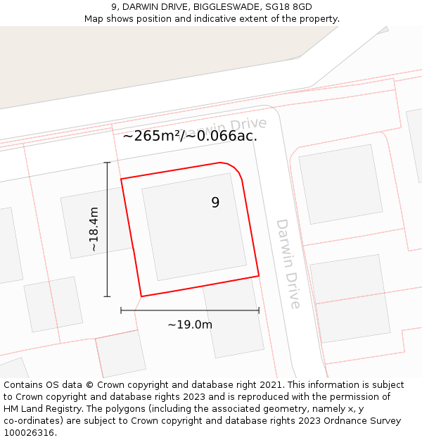9, DARWIN DRIVE, BIGGLESWADE, SG18 8GD: Plot and title map
