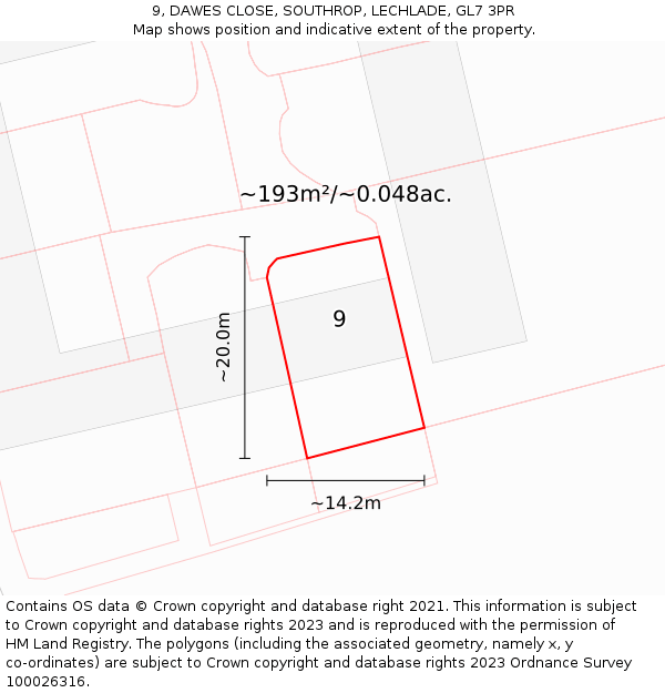 9, DAWES CLOSE, SOUTHROP, LECHLADE, GL7 3PR: Plot and title map