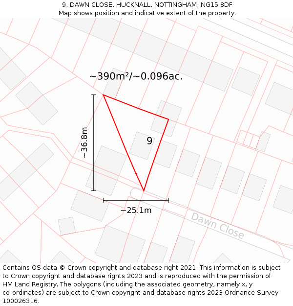 9, DAWN CLOSE, HUCKNALL, NOTTINGHAM, NG15 8DF: Plot and title map