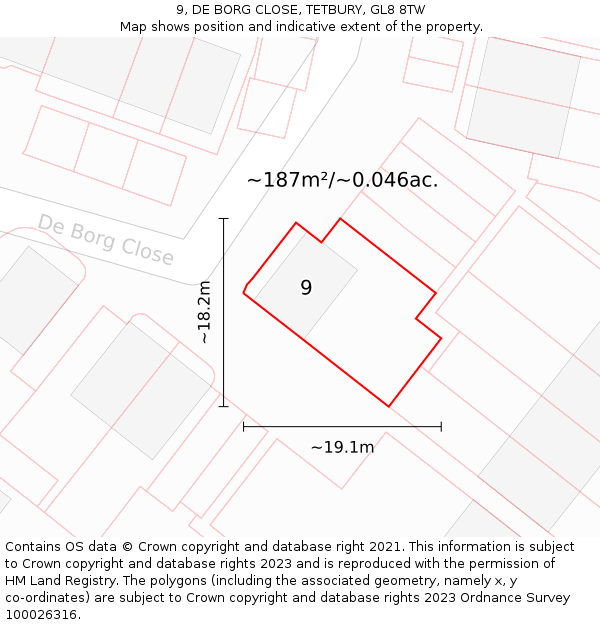 9, DE BORG CLOSE, TETBURY, GL8 8TW: Plot and title map