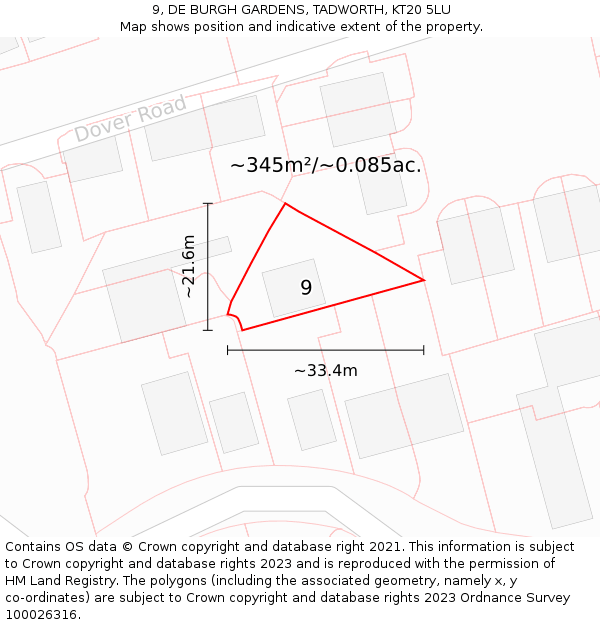 9, DE BURGH GARDENS, TADWORTH, KT20 5LU: Plot and title map