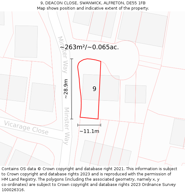 9, DEACON CLOSE, SWANWICK, ALFRETON, DE55 1FB: Plot and title map