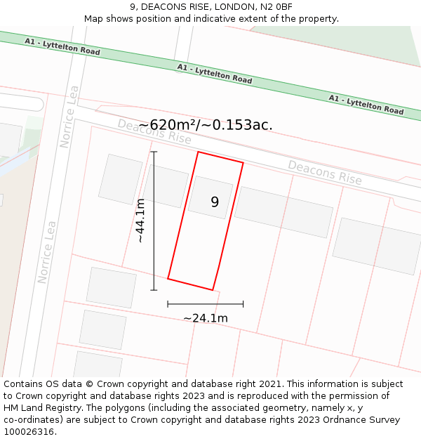 9, DEACONS RISE, LONDON, N2 0BF: Plot and title map