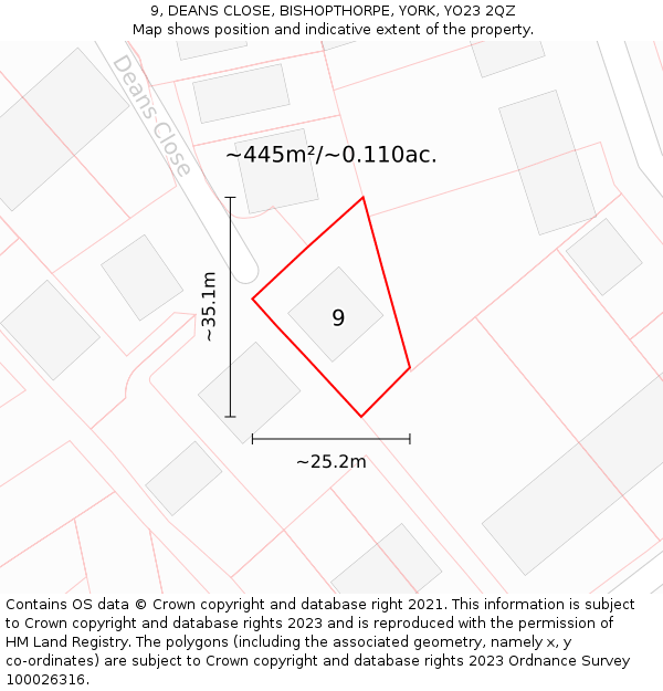 9, DEANS CLOSE, BISHOPTHORPE, YORK, YO23 2QZ: Plot and title map