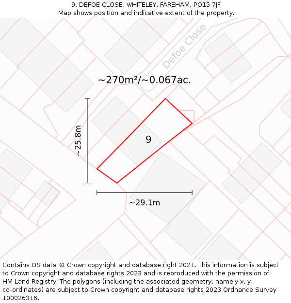 9, DEFOE CLOSE, WHITELEY, FAREHAM, PO15 7JF: Plot and title map