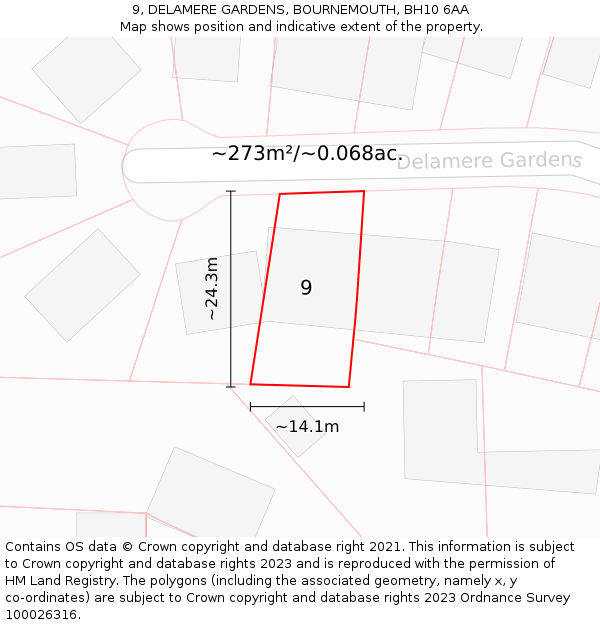 9, DELAMERE GARDENS, BOURNEMOUTH, BH10 6AA: Plot and title map