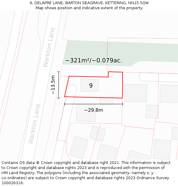 9, DELAPRE LANE, BARTON SEAGRAVE, KETTERING, NN15 5GW: Plot and title map