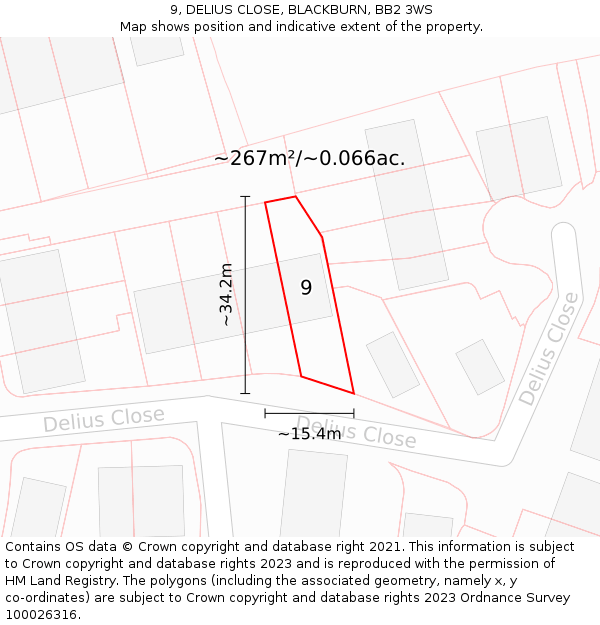9, DELIUS CLOSE, BLACKBURN, BB2 3WS: Plot and title map