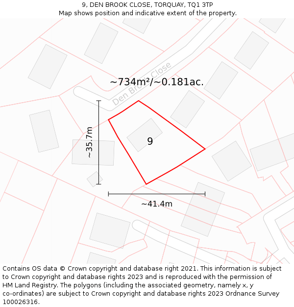 9, DEN BROOK CLOSE, TORQUAY, TQ1 3TP: Plot and title map