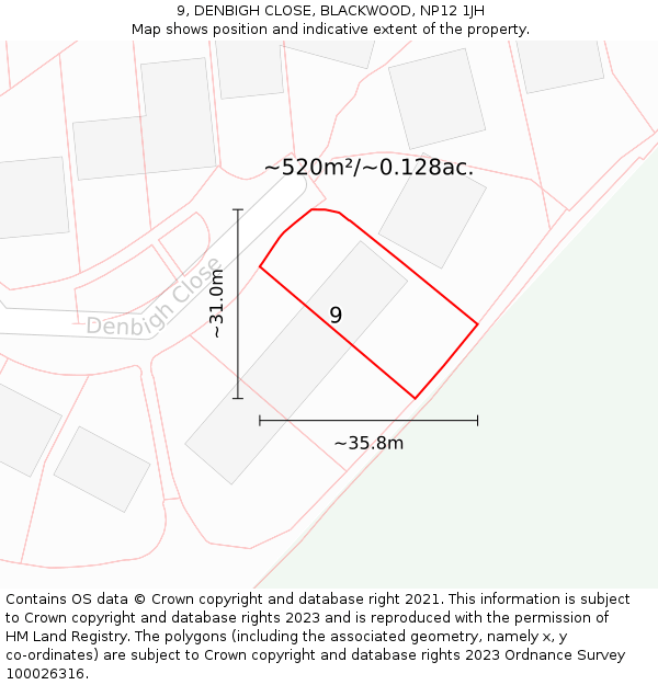 9, DENBIGH CLOSE, BLACKWOOD, NP12 1JH: Plot and title map