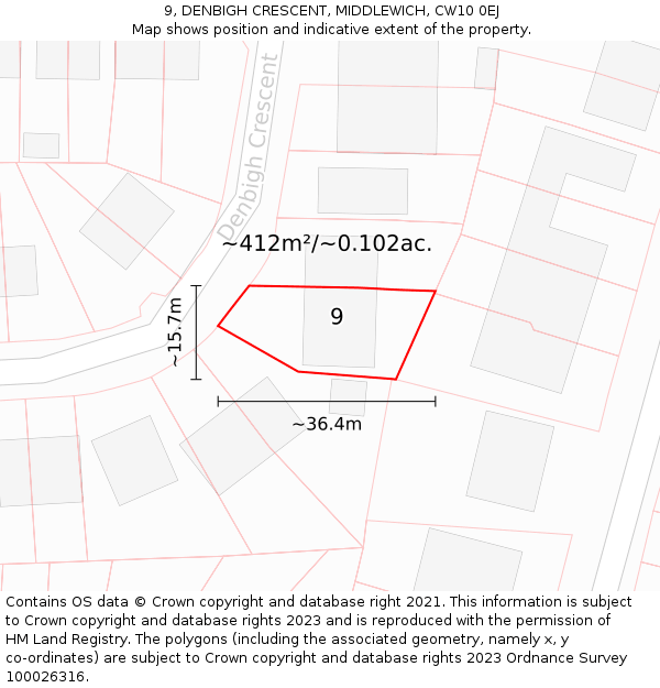 9, DENBIGH CRESCENT, MIDDLEWICH, CW10 0EJ: Plot and title map