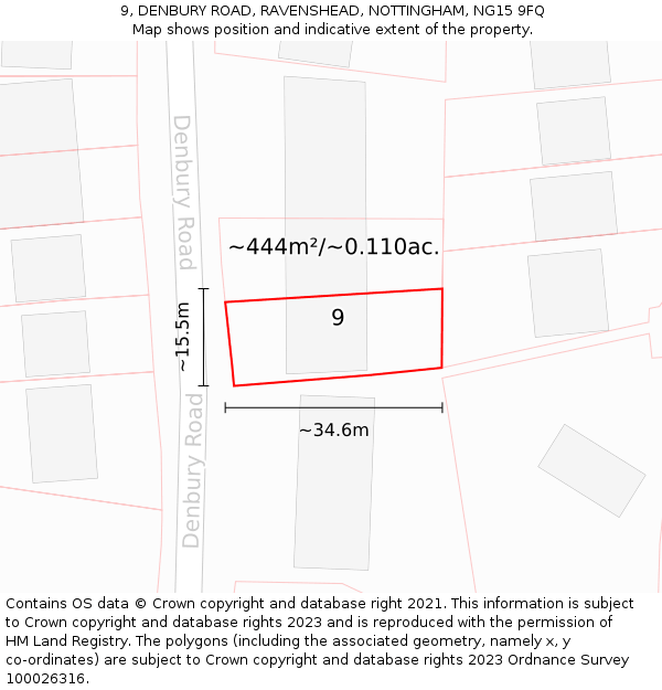 9, DENBURY ROAD, RAVENSHEAD, NOTTINGHAM, NG15 9FQ: Plot and title map