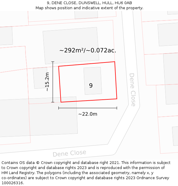 9, DENE CLOSE, DUNSWELL, HULL, HU6 0AB: Plot and title map