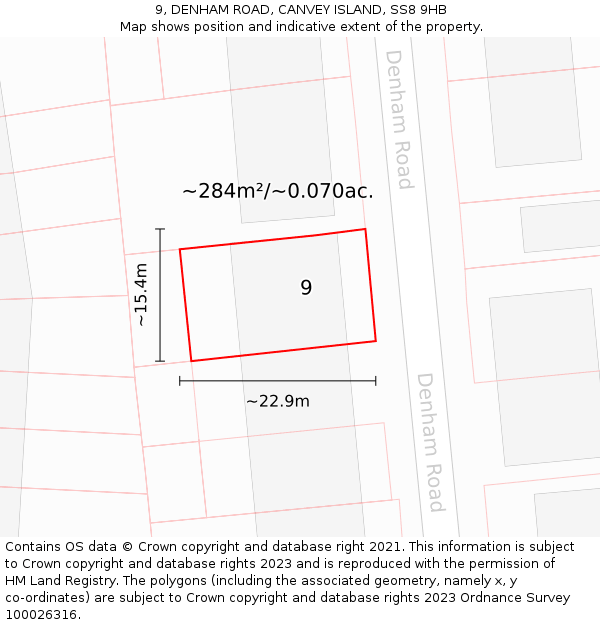 9, DENHAM ROAD, CANVEY ISLAND, SS8 9HB: Plot and title map