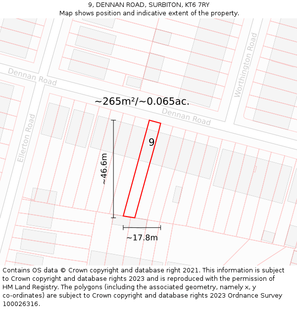 9, DENNAN ROAD, SURBITON, KT6 7RY: Plot and title map